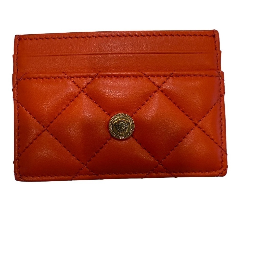 VERSACE Orange Quilted 100% Leather Card Case BRAND NEW